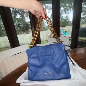 Viola Castellani Italian Blue Leather Bag w/ copper-colored chunky Chain Handle